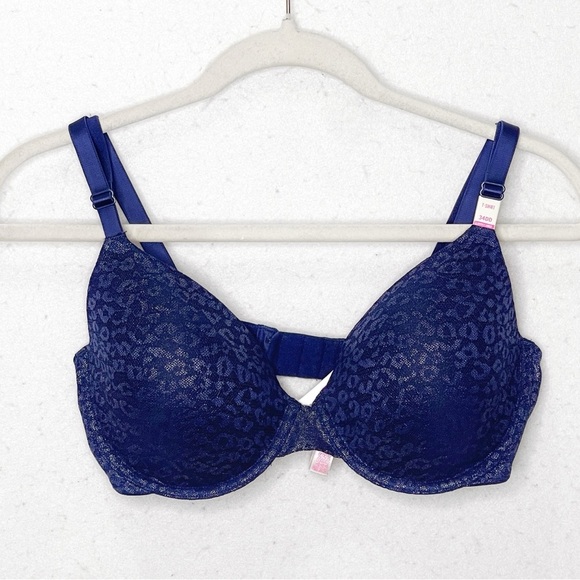 PINK Victoria’s Secret Navy Blue Cheetah Print T Shirt Bra Size 34DD - Picture 1 of 10